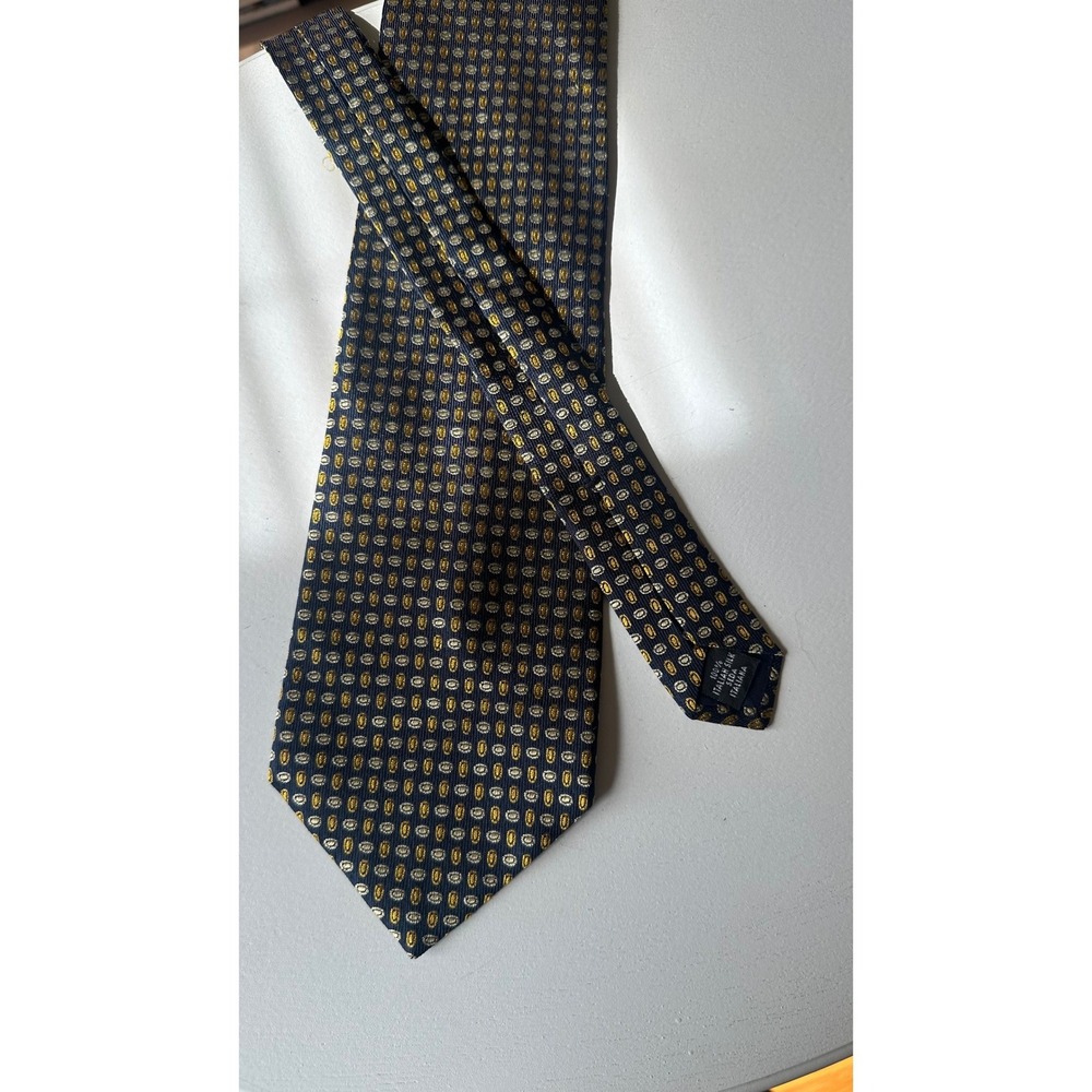 Peterborough Row Mens Silk Tie Navy Blue Gold Geometric Oval Made in USA